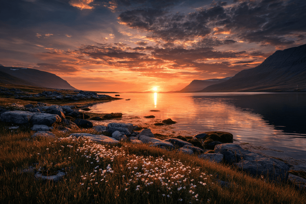 Midnight sun in the Westfjords, Iceland midnight sun