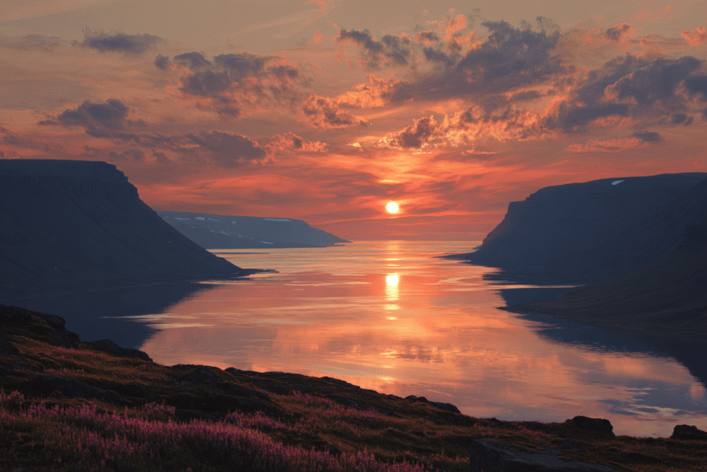 Midnight sun in the Westfjords, Iceland midnight sun