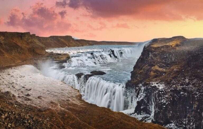 Iceland Must See - Sunset at Gullfoss waterfall in Golden Circle Iceland, midnight sun at Gullfoss
