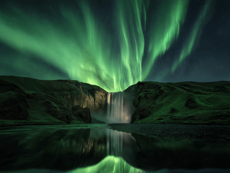 Northern Lights above Skogafoss waterfall in South Iceland, Aurora Borealis Tours in Iceland, 2 Day South Coast Private Tour