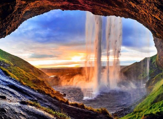 Seljalandsfoss walk behind waterfall on the south coast of Iceland